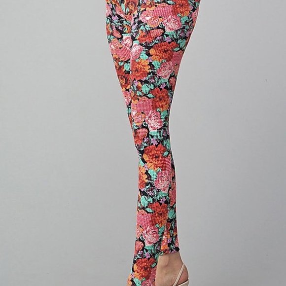 NEW Pink green orange black soft floral leggings - Picture 2 of 2